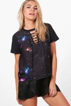 Boohoo Anna Lace Up Space Print T Shirt Multi
