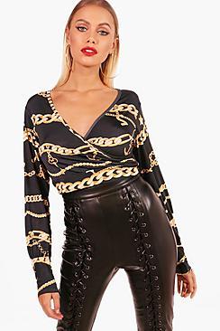 Boohoo Emma Chain Print Balloon Sleeve Crop