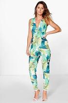 Boohoo Grace Palm Print Cross Back Jumpsuit