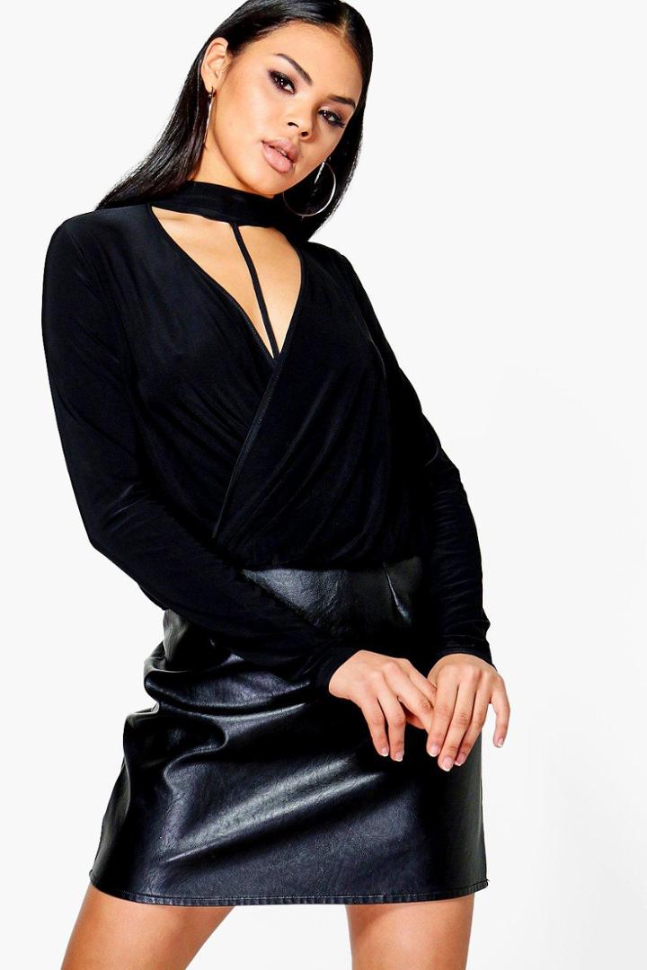 Boohoo Kayla Choker Harness Slinky Top Black