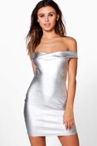 Boohoo Gia Metallic Off Shoulder Bodycon Dress Silver