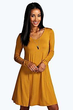 Boohoo May V Neck Long Sleeve Swing Dress