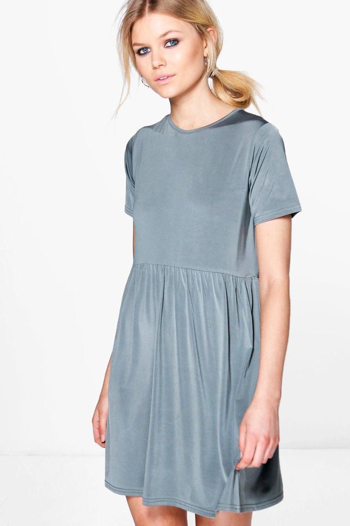 Boohoo Petite Gemma Slinky Smock Dress Smoke