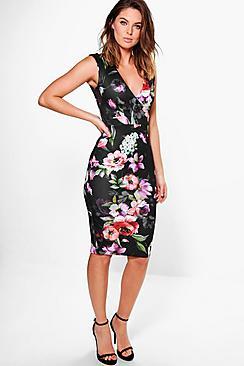 Boohoo Ela V Neck Floral Printed Midi Dress