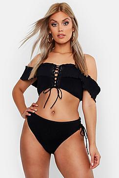 Boohoo Plus Lettuce Hem Bardot Lace Up Bikini