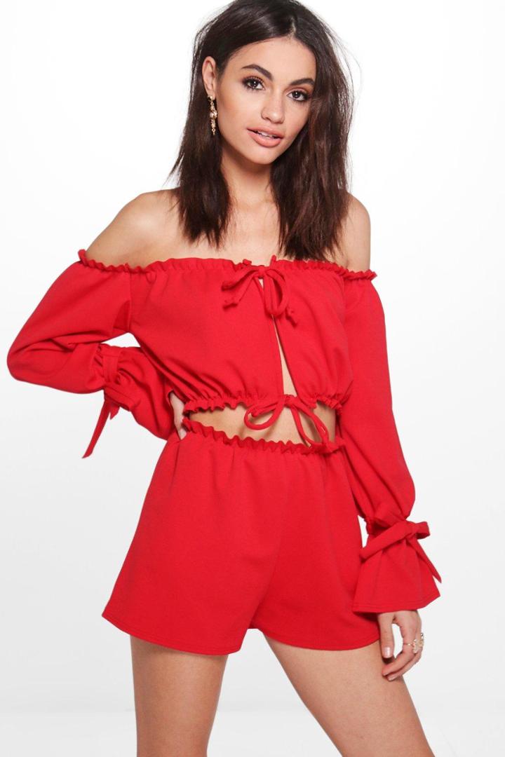 Boohoo Lori Off Shoulder Frill Crop & Short Co-ord Set Red