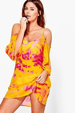Boohoo Paige Tie Dye Cold Shoulder Beach Dress