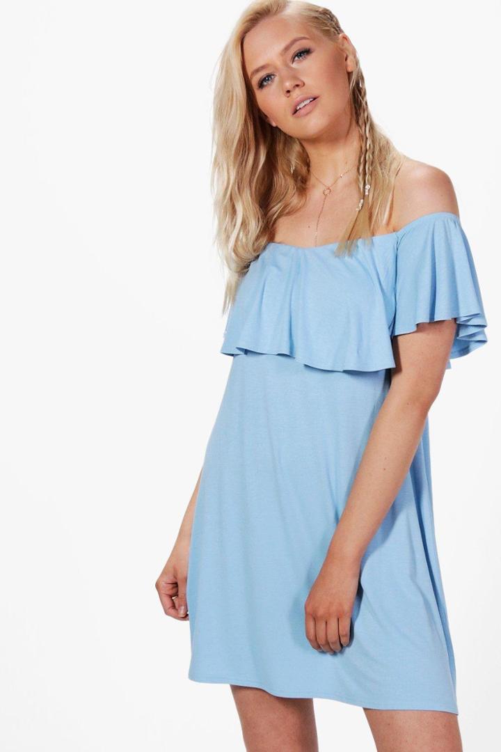 Boohoo Louise Frill Detail Off The Shoulder Swing Dress Bluebell