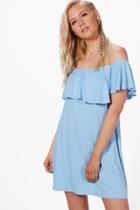 Boohoo Louise Frill Detail Off The Shoulder Swing Dress Bluebell