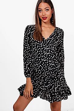 Boohoo Sophia Spot Print Ruffle Detail Wrap Tea Dress