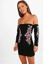 Boohoo Petite Jodhi Bardot Print Embroidered Bodycon Dress