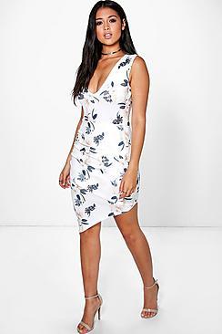 Boohoo Fi Floral Wrap Skirt Asymetric Bodycon Dress