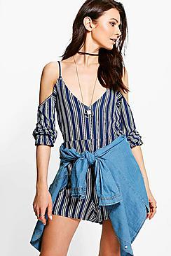 Boohoo Beth Striped Neck Cold Shoulder Playsuit