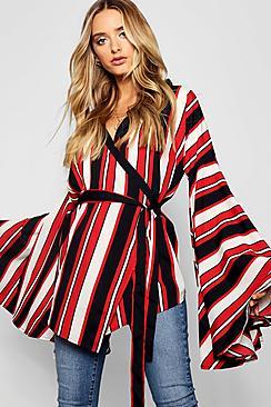 Boohoo Liliana Stripe Wrap Belted Wide Sleeve Top