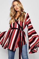 Boohoo Liliana Stripe Wrap Belted Wide Sleeve Top