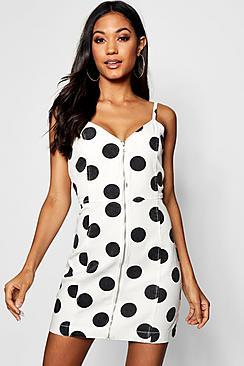 Boohoo Polka Dot Zip Front Strappy Denim Dress