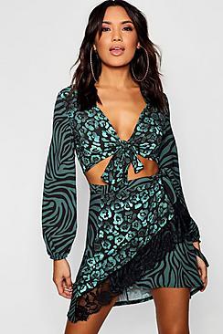 Boohoo Animal Mix Tie Front Long Sleeve Top