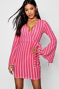 Boohoo Stripe Split Sleeve Wrap Bodycon Dress