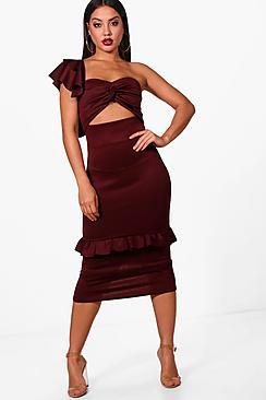 Boohoo Felicity One Shoulder Frill Detail Midi Dress