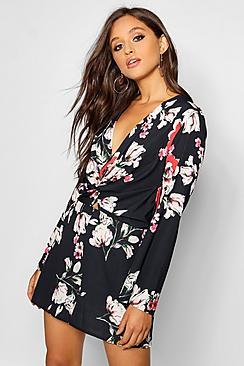 Boohoo Floral Twist Knot Plunge Playsuit