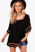 Boohoo Grace Woven Embroidered Flare Sleeve Top Black