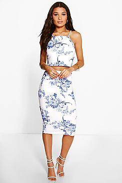 Boohoo Penelope Porcelain Print Top & Midi Skirt Co-ord Set