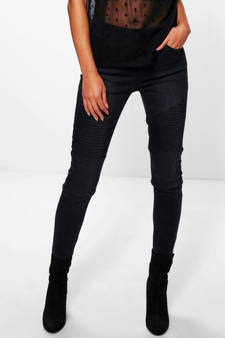 Boohoo Zoe Zip Detail Mid Rise Biker Jeans Black