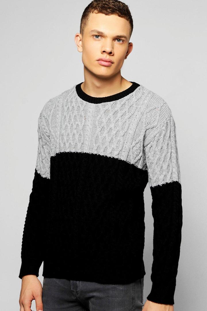 Boohoo Contrast Cable Knit Crew Neck Jumper Black