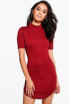 Boohoo Petite Shayla Ribbed Curved Hem Bodycon Dress