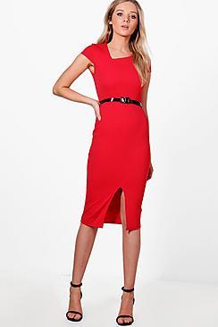 Boohoo Oana Cap Sleeve Belted Midi Dress