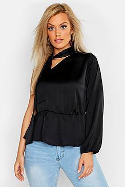 Boohoo Plus Satin Tie Neck Peplum One Shoulder Top