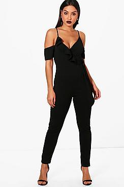 Boohoo Moira Frill Cold Shoulder Skinny Leg Jumpsuit