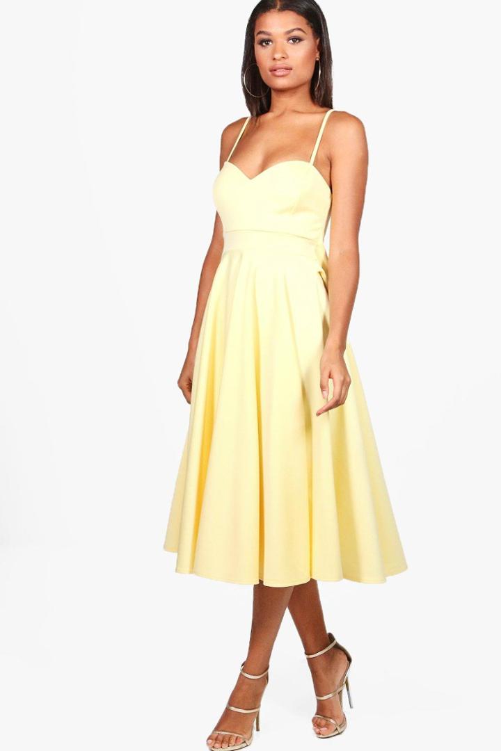 Boohoo Michelle Scuba Tie Waist  Midi Skater Dress Lemon