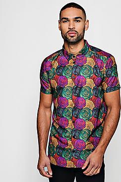 Boohoo Dark Rose Print Short Sleeve Satin Shirt