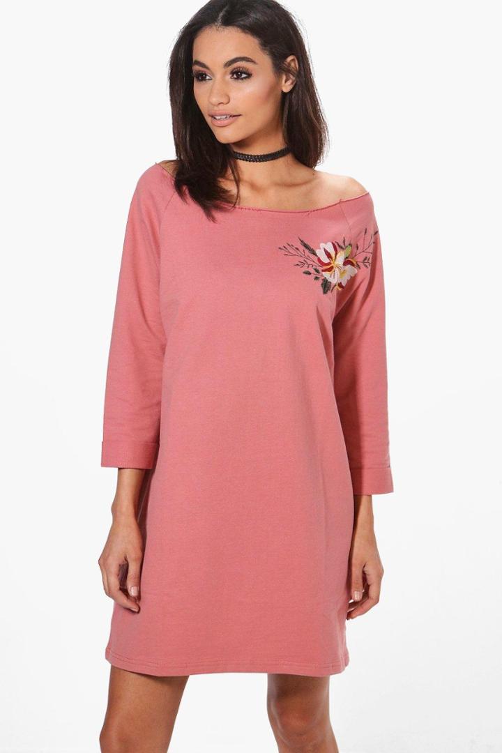 Boohoo Charlotte One Shoulder Embroidered Sweat Dress Rose