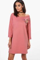 Boohoo Charlotte One Shoulder Embroidered Sweat Dress Rose