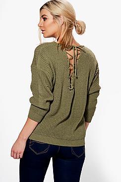 Boohoo Bethany Lace Up Back Fisherman Knit Jumper