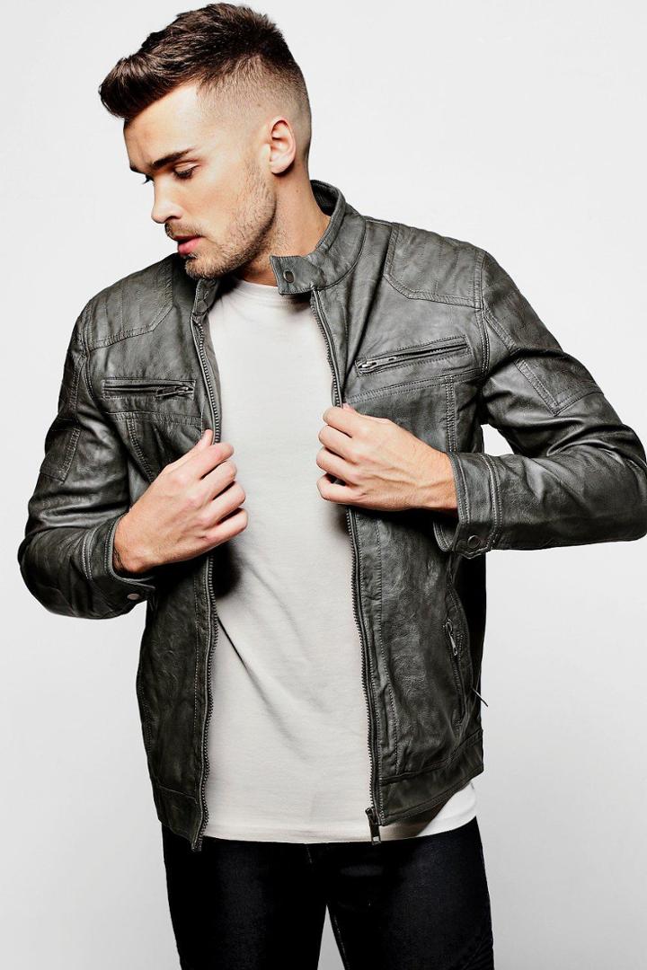 Boohoo Grandad Collar Multi Zip Pu Biker Jacket Grey