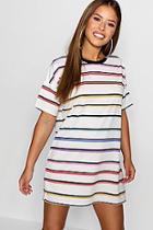 Boohoo Petite White Rainbow Striped T-shirt Dress
