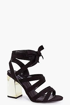 Boohoo Ella Metallic Fluted Wrap Strap Heels