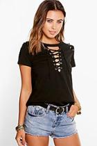 Boohoo Petite Lace Up Neck + Shoulder T-shirt