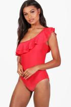 Boohoo Auckland One Shoulder Frill Bathing Suit Red