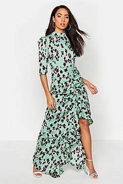 Boohoo High Neck Ruffle Front Animal Print Maxi Dress
