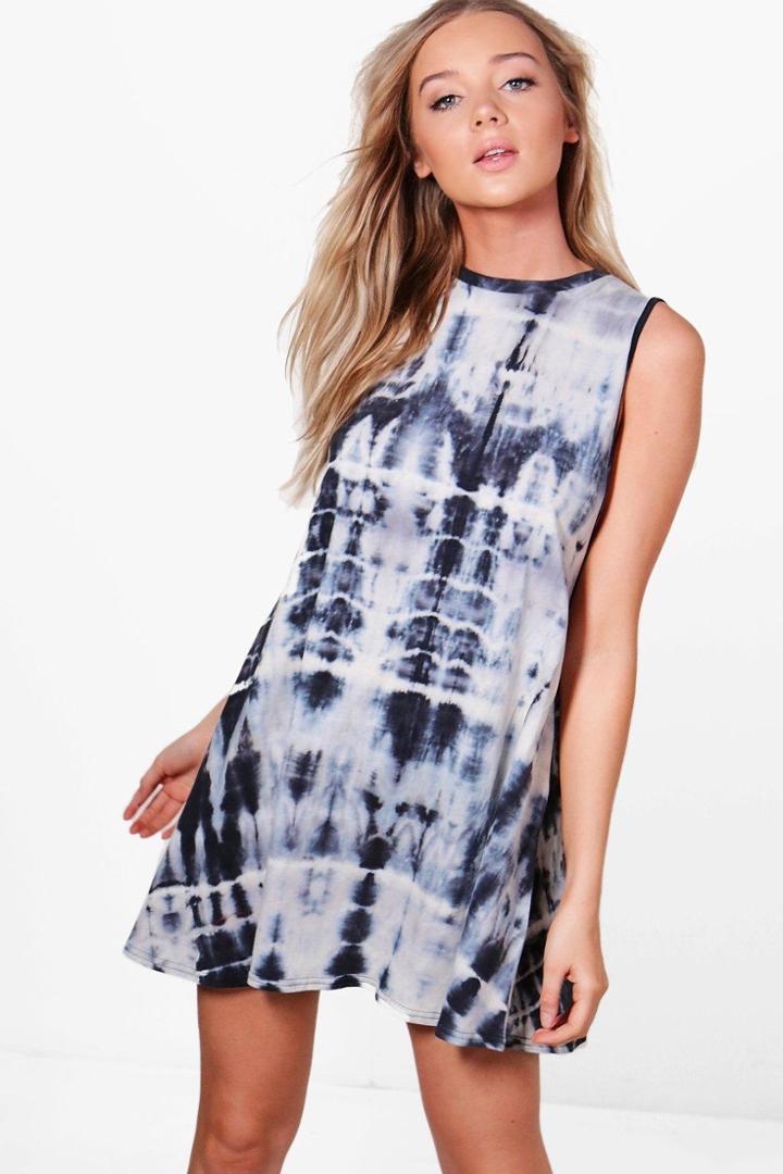 Boohoo Lucy Tie Dye Drop Armhole T-shirt Dress Black