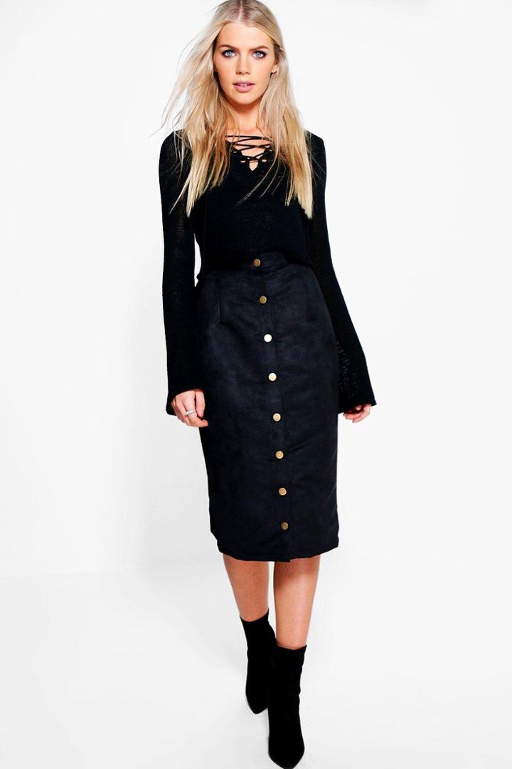 Boohoo Marin Button Front Woven Suedette Midi Skirt Black