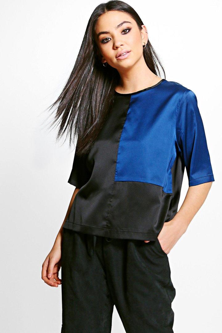 Boohoo Clara Colourblock Satin Shell Top Black