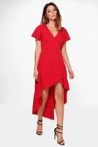 Boohoo Aubrey Crepe Angel Sleeve High Low Skater Dress Red