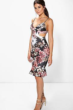 Boohoo Patrice Floral Cut Out Waist Peplum Hem Midi Dress
