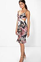 Boohoo Patrice Floral Cut Out Waist Peplum Hem Midi Dress