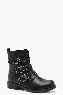 Boohoo Three Buckle Studded Biker Boots